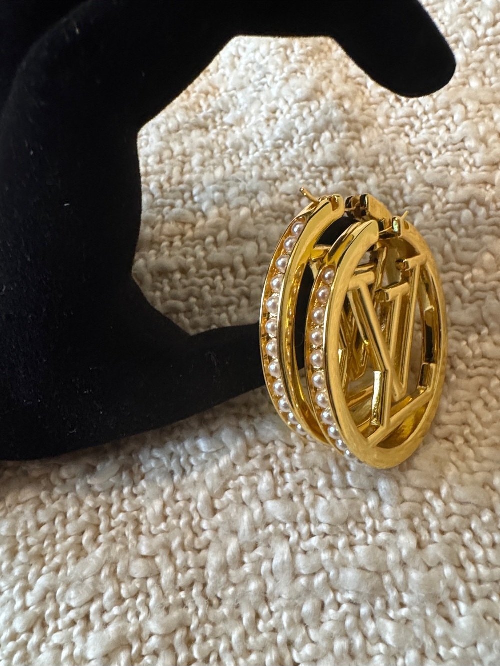 LV Initials Gold & Pearl Accent Hoop Earrings - Picture 2 of 8